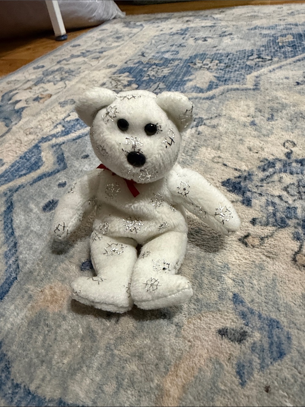 Ty White Bear Plush with Silver Snowflake Accents and Red Ribbon